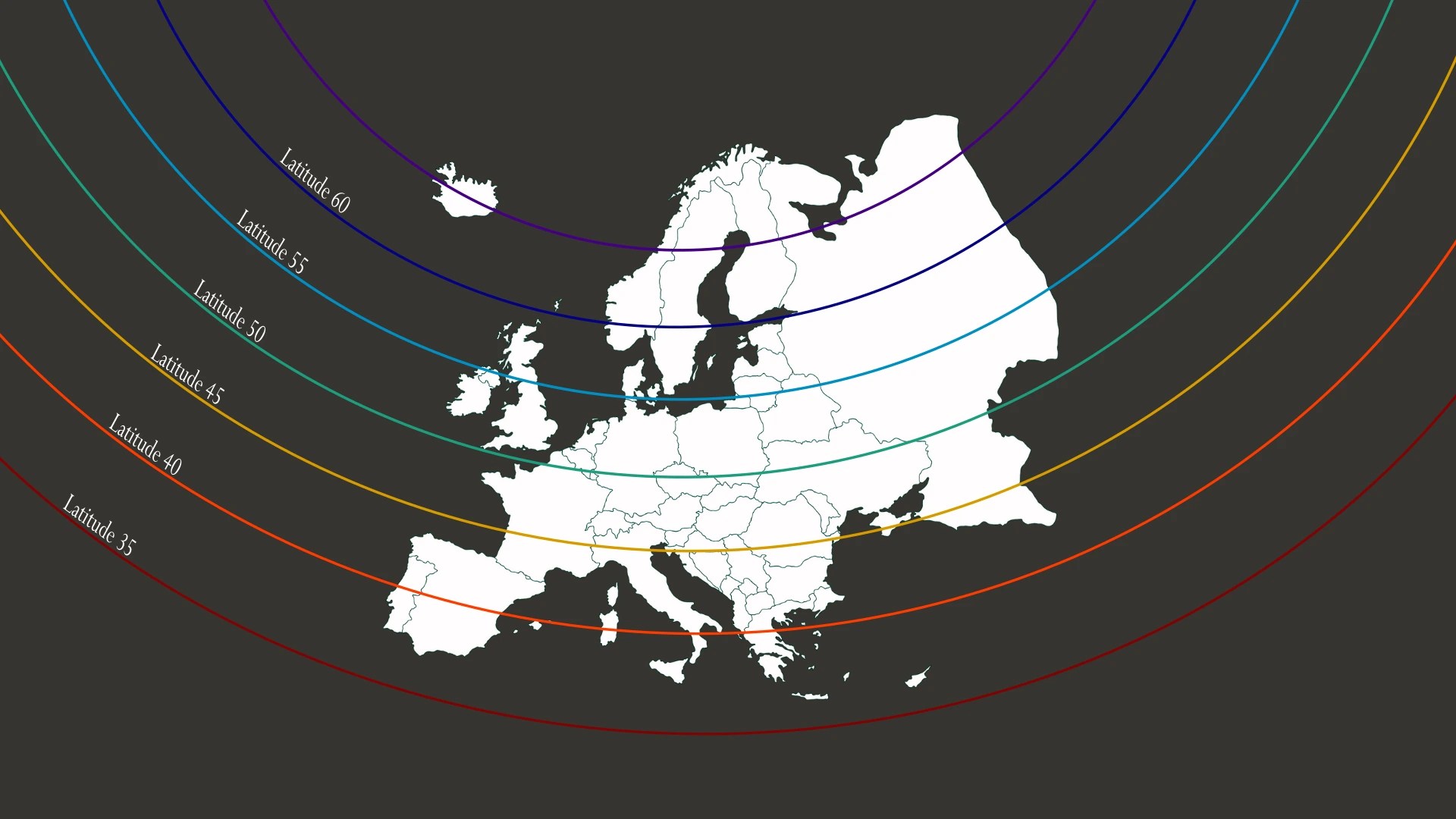 Carte d’Europe avec bandes de latitude 35° à 60° pour comparer les gains de production du tracker solaire suntrek