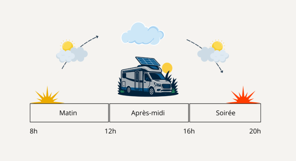 Suiveur solaire en été : production du matin à la soirée par temps légèrement nuageux (8h à 20h)